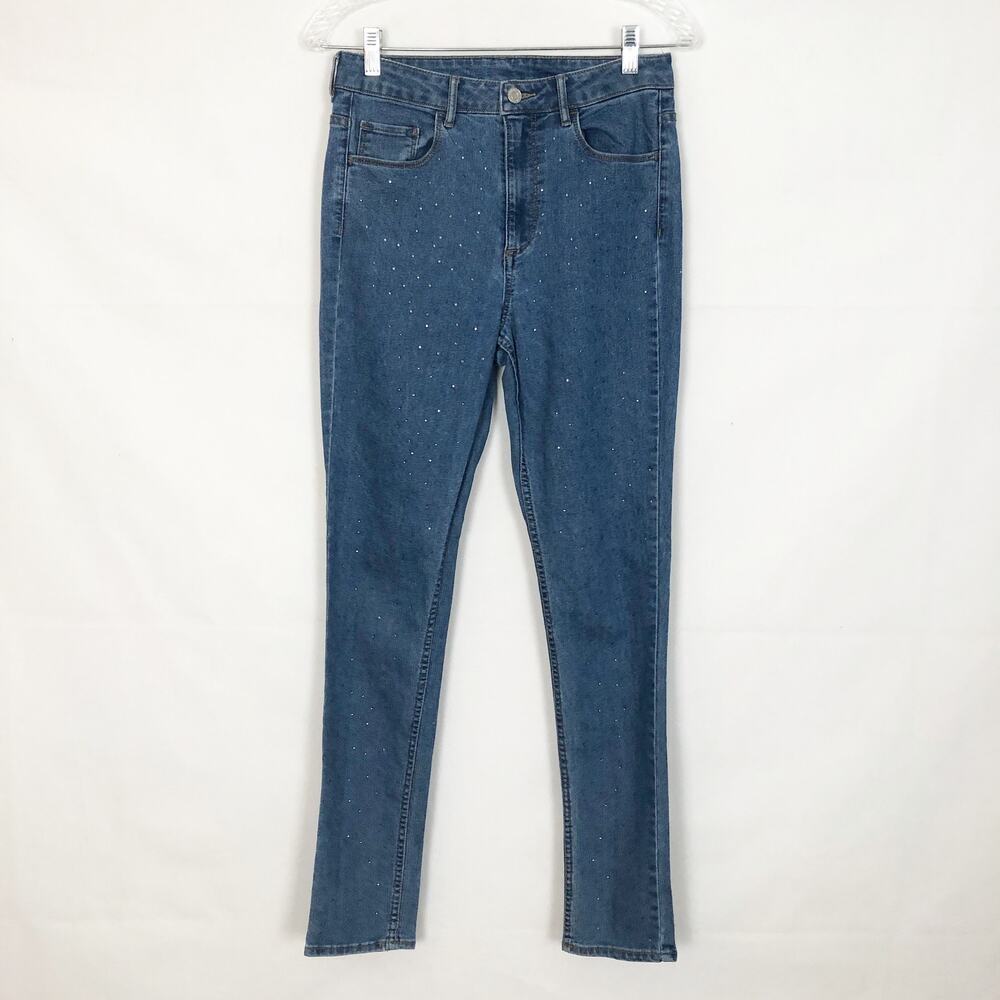 & Denim Skinny Ankle High Waist Rhinestones Blue Jeans Size 30